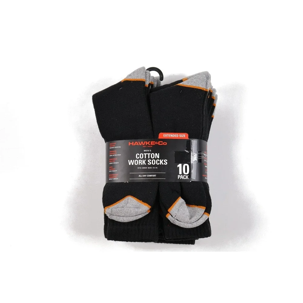 Hawke & Co Mens Cotton Work Socks 10 Pack Black Extended Size 13-15 NWT